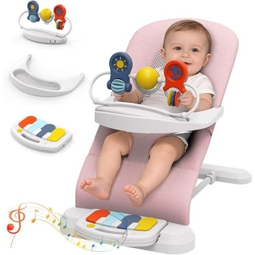 Baby Bouncer Seat, 3-Speed Adjustable Height Baby Bouncer Seat, 4-in-1 Bouncer Seat for Babies 0-6 Months, Detachable Piano Pedals, Feeding Tray