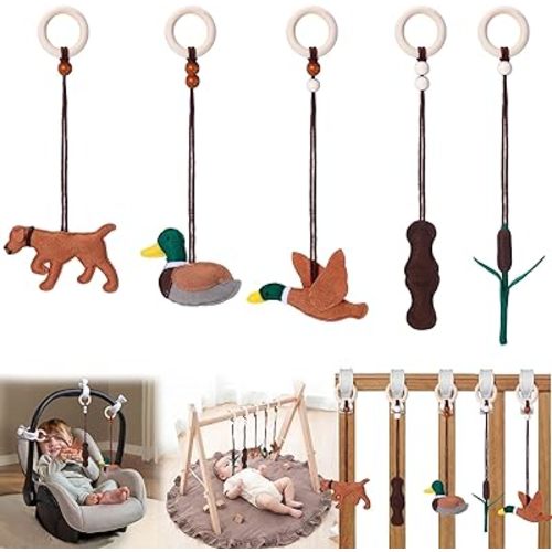 Simgoing 5 Pcs Baby Gym Hanging Toys Baby Wooden Felt Sensory Toys Wooden Activity Pendant for Home Nursery Decoration