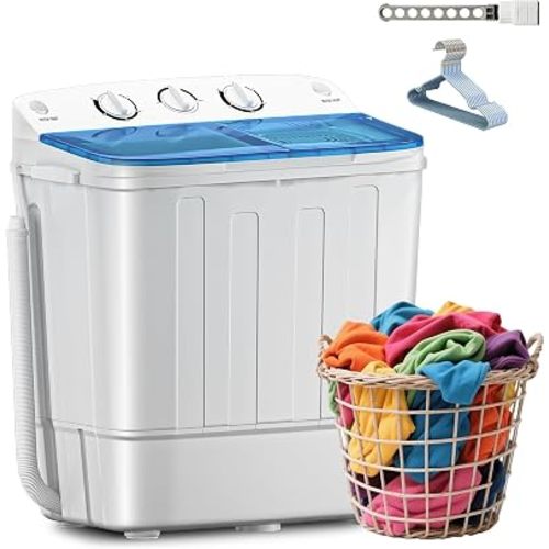 Erivess Compact Mini Twin Tub 18lbs Washing Machine, Drying Rack&10 Hangers