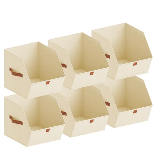 Fabric Closet Storage Cubes - 6 Pack Square Storage Bins with Dual Handles for Clothes, Towels, Toys, Cube Storage Organizers for Bedroom, Nursery, Shelves, Closet, Small Spaces, Beige