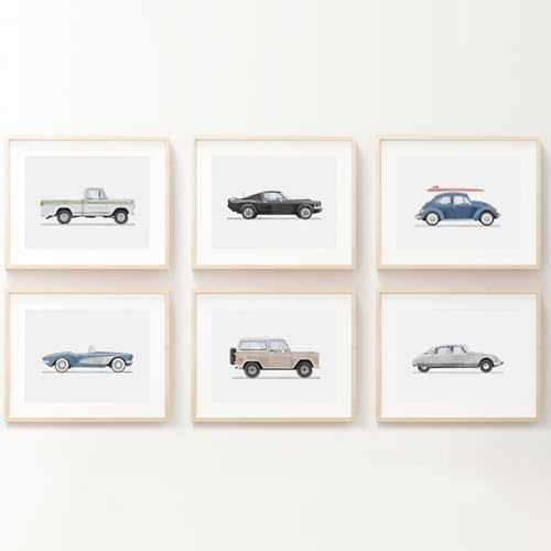 Blue Car Wall Art Decor Boys Room Wall Art Vintage Cars Canvas Poster Pictures Toddler Kids Room Prints Watercolor Vehicle Artwork Painting for Boys Bedroom Nursery 8x10 Inch Unframed Set of 6