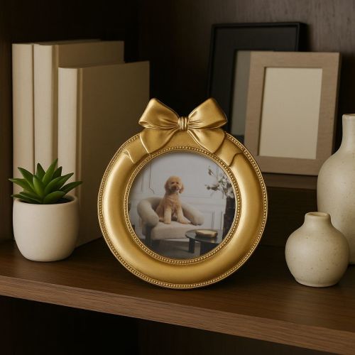 Decorative Bow on Round Photo Frame - Stylish Picture Frame with Detailing Border for Tabletop and Living Room Wall Accent - 7", Gold