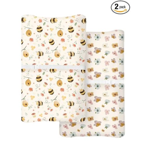 Changing Pad Cover for Baby Boys Girls 2 Pack, Fits Standard 32”×16” Changing Table Pads, Silky Breathable Stretch Knit, Machine Washable (Bee Happy)