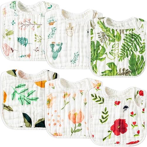 Zainpe 6Pcs Snap Muslin Cotton Baby Bibs Summer Cactus Patterns Infants Drooling Bib, Soft Absorbent Adjustable Burp Cloths for Newborns Girls Boys Toddlers Teething Eating Feeding 0 to 36 Months