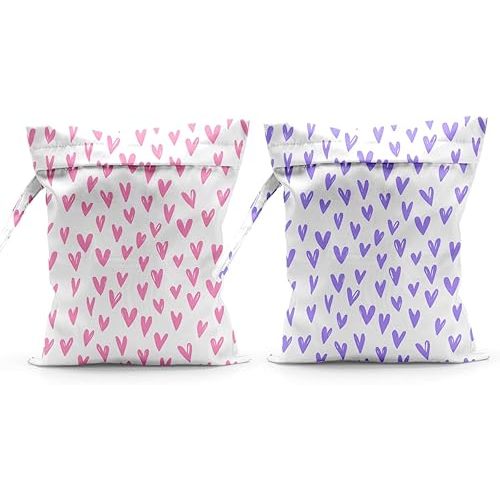 Waterproof Cloth Diaper Wet Dry Bag Reusable Travel Beach Pool Daycare Soiled Toddler Items Yoga Gym Bag for Swimsuits Wet Clothes Bags - 2pcs Love Heart Themed Pattern