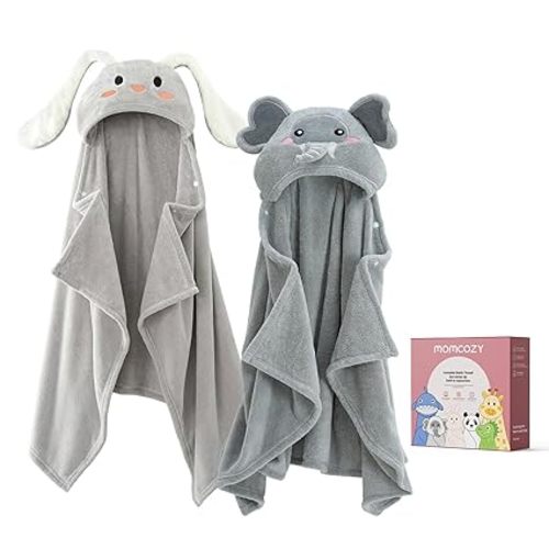 Momcozy Baby Bath Towels with Visualize Health Label - Ultra Soft & Absorbent Coral Fleece Hooded Towels for Newborn, Infant, Toddler (0-36 Months) Bath Essentials (Large Size,2 Pack)