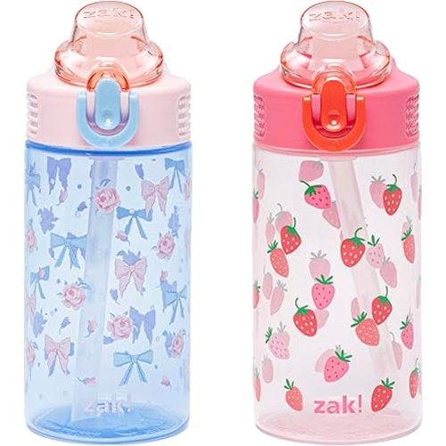 Zak Designs Sage Kids Water Bottle For School or Travel, 16oz Durable Plastic Water Bottle With Straw, Handle, and Leak-Proof, Pop-Up Spout Cover, 2-Pack Set (Berry and Bows)