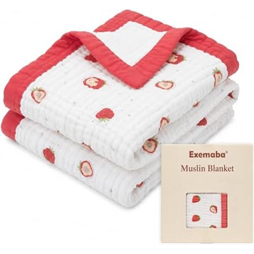 Muslin Baby Blanket, 6-Layer Cotton Infant Crib Quilt(Strawberry)
