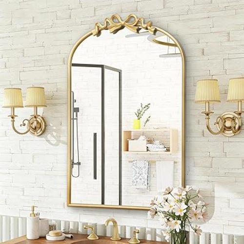 Vintage Arched Gold Mirror: 24"x36" Large Gold Antique Bow Wall Vanity Mirror - Baroque Traditional Ornate for Bathroom/Bedroom/Living Room - Wall Decor for Housewife