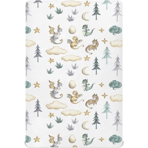 Watercolor Cute Dragon Crib Sheets for Boys Girl Cloud Moon Star Dragons Egg Trees Fitted Mattress Cover Animal Themed Toddler Baby Bed Sheets Standard Unisex Crib Sheet 28x52 Inch