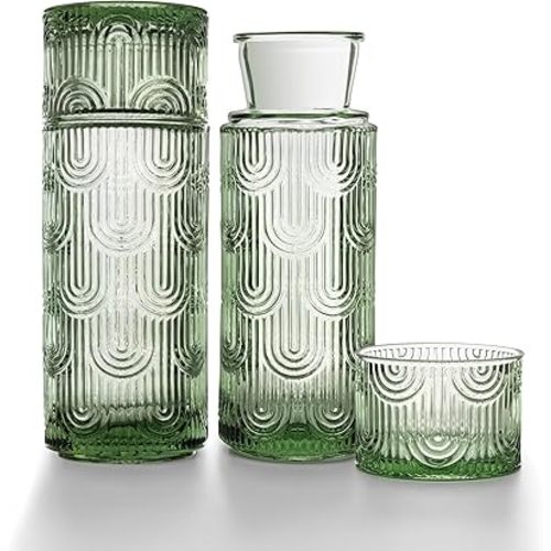 Bedside Water Carafe and Glass Set, Mouthwash Dispenser for Bathroom, 21.6 Oz Glass Water Bottles with 6 Oz Drinking Cup as Lid, Water Pitcher for Nightstand, Kitchen (Green 2Pack)