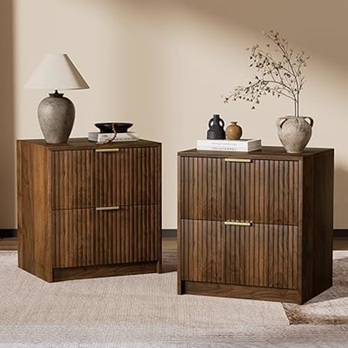 Furniway Nightstands Set of 2, Fluted Nightstand with Gold Metal Handles and 2 Drawers, Modern Bedside Table, 18.5" Wide Wood End Table for Bedroom, Walnut