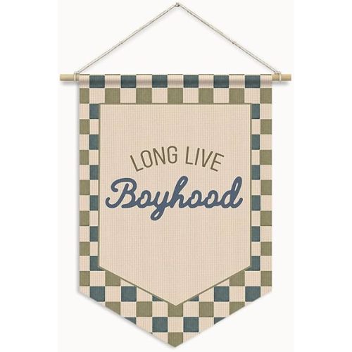 Boy Room Decor, Long Live Boyhood Nursery Wall Banner Pennants Flag, Retro Blue and Green Plaid Wall Art Prints for Kids Toddler Boys Nursery Room Bedroom Playroom Decor, 11x15 Inch