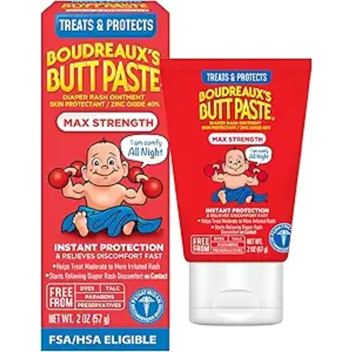 Boudreaux’s Butt Paste Max Strength Diaper Rash Cream for Baby, Ointment With Zinc Oxide, 2 oz Tube