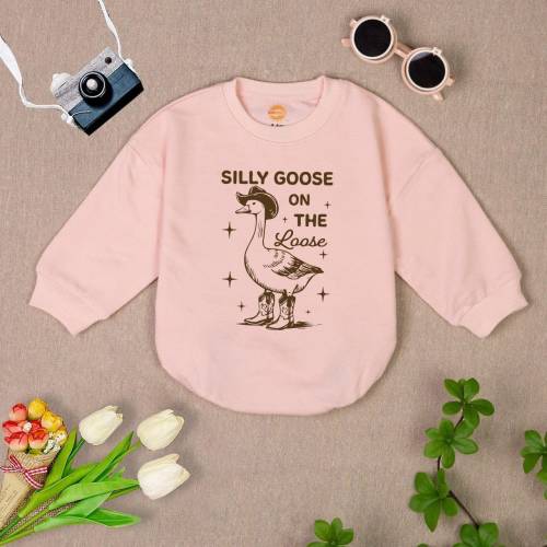 Silly Goose on the Loose Romper Sweatshirt, Funny Baby Outfit, Cute Toddler Pullover, Western Goose Design, Baby Boy Girl Gift,Unisex Romper