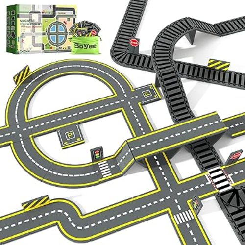 Magnetic Tiles Road & Train Track Expansion Pack Magnetic Building Blocks Construction Kids Toys for Ages 3-12 Boys Girls Building Toys Includes Road Tracks, Traffic Lights, Parking Spot