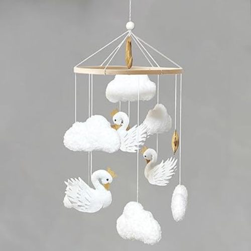 Baby Mobile White Swans with Golden Crowns Felt Clouds Baby Mobile for Crib Boys Girls Neutral Baby Gift Hanging for Nursery Decor Accessories