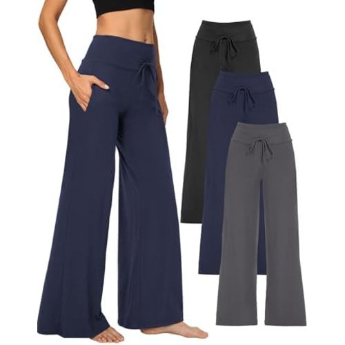1/3 Pack Women's Wide Leg Pants with Pockets, Casual Loose Pajama Palazzo Trousers Sweatpants for Yoga Lounge