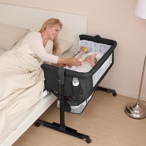 Baby Cradle, Freestanding Bedside Bassinet, 3-in-1 Convertible Bassinet with 360° Swivel Wheels, 2026 New Model Adjustable, Easy-Fold Portable Neutral Baby Newborn Bassinet (Dark Gray)