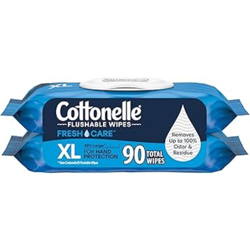 Cottonelle XL Flushable Wet Wipes, Adult Wipes Large, 2 Flip-Top Packs, 45 Wipes Per Pack (90 Total Wipes), Packaging May Vary