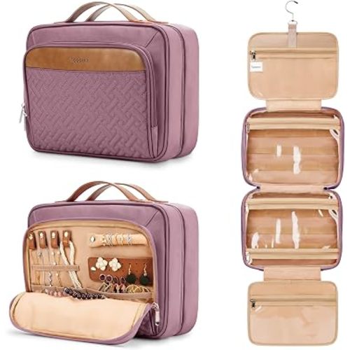 Travel Hanging Toiletry Bag for Women, Extra Large Makeup Bag, Holds Full-Size Shampoo, with Jewelry Organizer Compartment, Waterproof Cosmetic Bag, Toiletries Kit Set with Trolley Belt, Dark Purple
