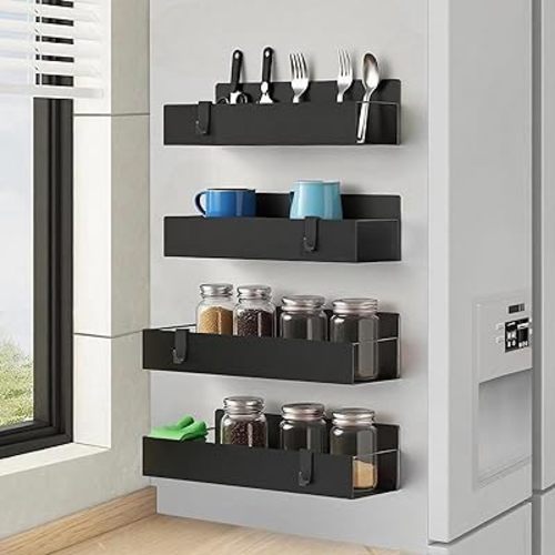 Cosy Family 4-Pack Strong Magnetic Metal Spice Rack Organizer for Refrigerator & Oven - Rustproof Black Fridge Shelves with Hooks for Kitchen Storage & Organization