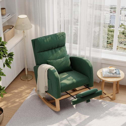 IdealHouse Modern Nursery Rocking Chair with Adjustable Footrest, Boucle Upholstered Rocker with Side Pocket, Glider Recliner for Living Room, Bedroom, Green