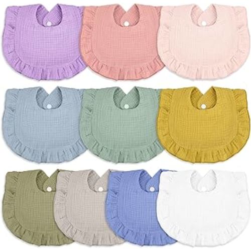 Seematn 10 Pcs Baby Muslin Bibs Drool Bibs Bandana Ruffle Soft Cotton for Newborn Baby Infants Girl Teething Toddlers Boy(Light Colors)