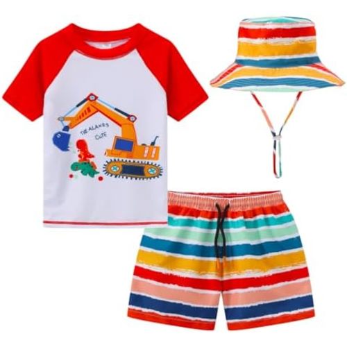 Tunoluker Toddlers Baby Boys' 3-Piece Rashguard Sets Swimsuits Bathing Suit with Hat Surfing Swimwear Sunsuit UPF 50+