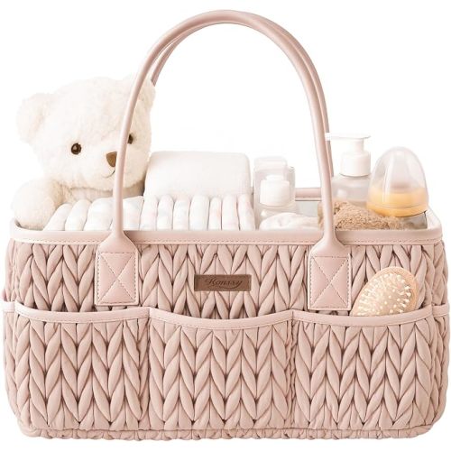 Konssy Baby Diaper Caddy Organizer, Braided Quilted Design with PU Handles | Water-Repellent, Portable Diaper Caddy Basket, Boho Nursery Organizer for Changing Table, Newborn Essentials (Blush)