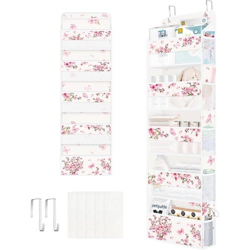 Clastyle Flower Over the Door Organizer Leaf Nursery Hanging Storage Organizer for Women Girls Clothes Diaper Toy Closet Door Hanging Shelf Storage for Bedroom Bathroom Pantry, Cherry Blossom, 5-Tier