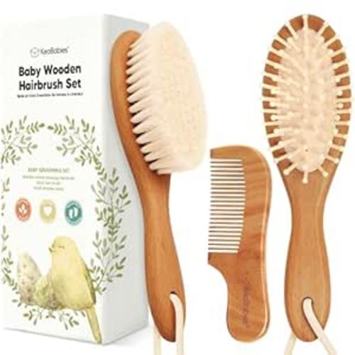 Baby Hair Brush Set for Newborns - Soft Goat Bristle Wooden Baby Brush and Comb Set Newborn Grooming Kit for Cradle Cap, Durable & Gentle, Boy, Girl Infant Essentials Care Kit (Regular, Golden Oak)