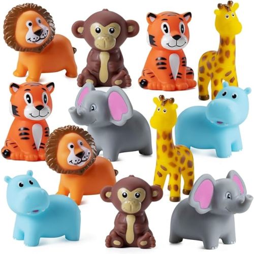 Mini Zoo Animal Bath Toys (12-Pack) Vinyl Rubber Safari Animal Figures