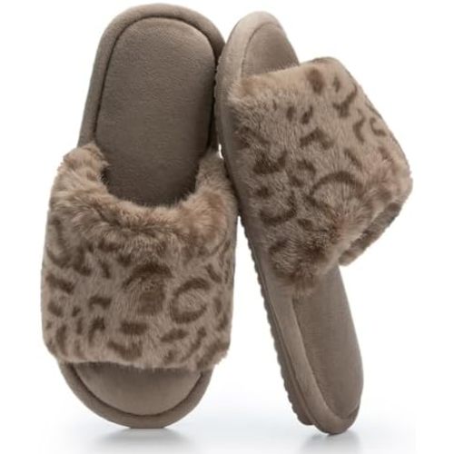 GOEWY Women's Fuzzy Open-Toe House Slippers with Memory Foam -Leopard Print