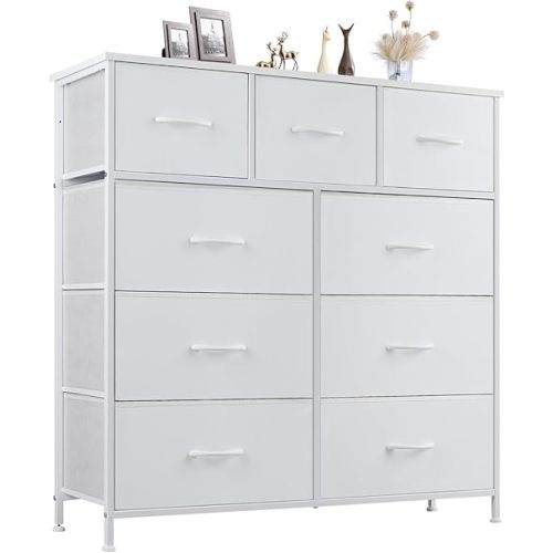 DUMOS Dresser for Bedroom, Storage Organizer with 9 Drawers, Chest of Drawers with Fabric Bins, Sturdy Metal Frame, Wood Tabletop for Guest Room, Closet, Entryway, Nursery