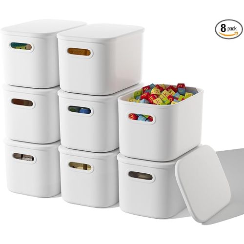 8 Pack White Storage Bins with Lids Stackable Storage Container for Organizing, Storage Boxes with Handle for Shelves, Cute Storage Bin for Craft, Snacks, 9.85x6.9x5.7 inch