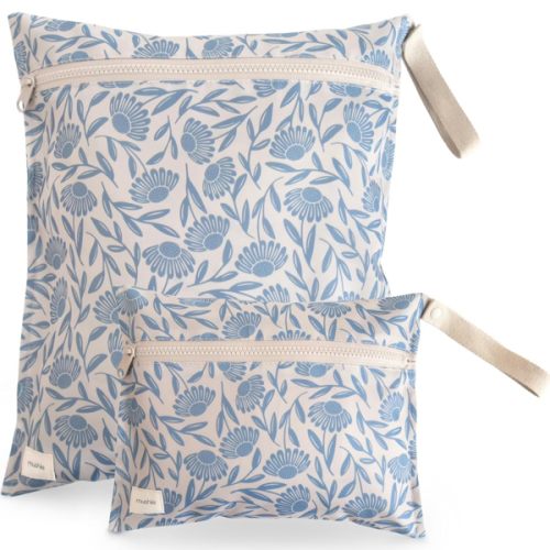 mushie Water Resistant Wet Bags | Large & Small Reusable Storage Bag for Baby Items and Travel | Zippered Pockets with Handle | Machine Washable, Set of 2 (Blue Flowers)