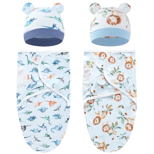 Dizila 2 Sets Adjustable Soft Cotton Blend Receiving Swaddle Blankets Sleep Sacks with Matching Nursery Hats Caps Beanies Bonnets for Newborns Infants Baby Girls Boys (Multicolor S9)