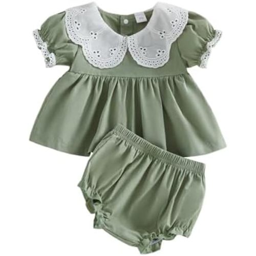 Infant Baby Girl Summer Outfit Peter Pan Collar Short Sleeve Shirt and Bloomers Two Piece Smocked Clothes