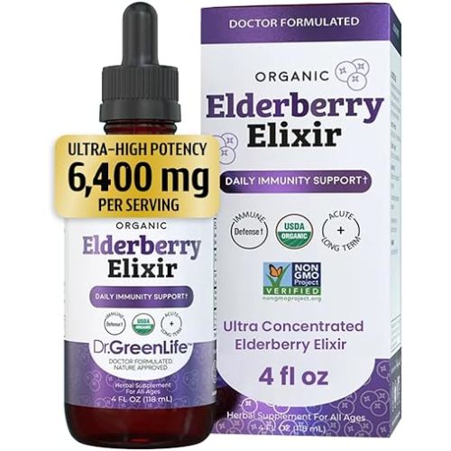 Dr. Green Mom Organic Black Elderberry Elixir – High Potency 6,400 mg – No Honey – Immune Support Liquid Drops Elderberry Syrup for Babies Toddlers Kids Adults – 4 fl oz