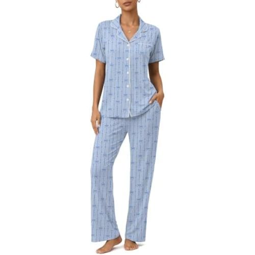 Womens Pajamas Sets 2 Piece Button Up Pj Sets Short Sleeve with Long Pant
