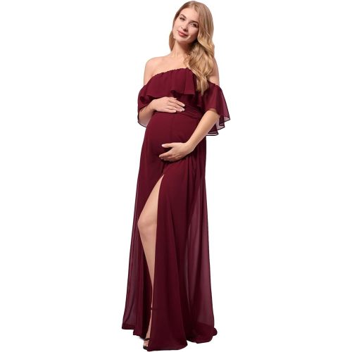 Ever-Pretty Womens Off-shoulder Side Slit Long Chiffon Ruffle Pregnancy Party Dress Maternity Photography Dresses 0968-EY