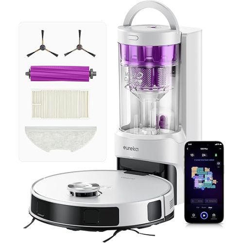 Eureka E20 Plus Robot Vacuum with Bagless Self Emptying Station, Robotic Vacuum and Mop Combo, 45-Day Capacity, Upgraded 8000Pa Suction and Anti Hair-Tangling Brush, LiDAR Navigation, App Control