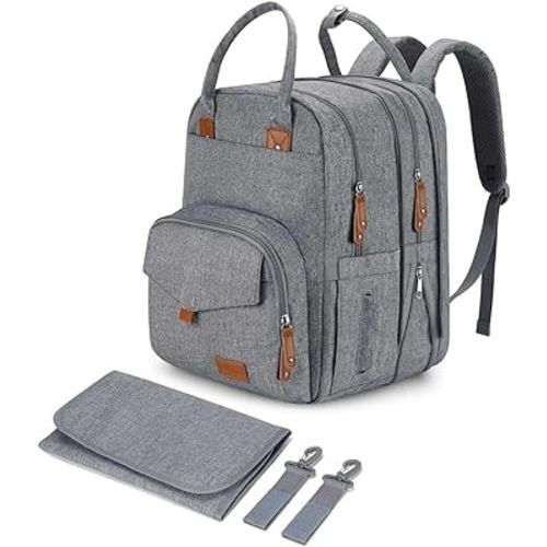 Large Diaper Bag Backpack for Two Kids Twins - Expandable Baby Bag (26-36L), Dual Big Compartments - Includes Changing Pad & Stroller Straps, Unisex Grey