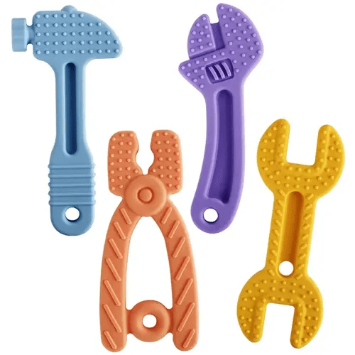 Fu Store 4 Pack Soft Silicone Teething Toys for 0-12 Months 6-24 Months Toddlers Infant Hammer Spanner Wrench Pliers Tools Shape Baby Teethers Relief Soothe Babies Gums Set