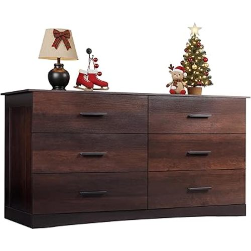 WLIVE Wooden Dresser for Bedroom, Wide Chest of Drawers with 6 Drawers, Large Brown Storage Tower Unit, Modern Minimalist Closet Store Organizer for Living Room, Hallway