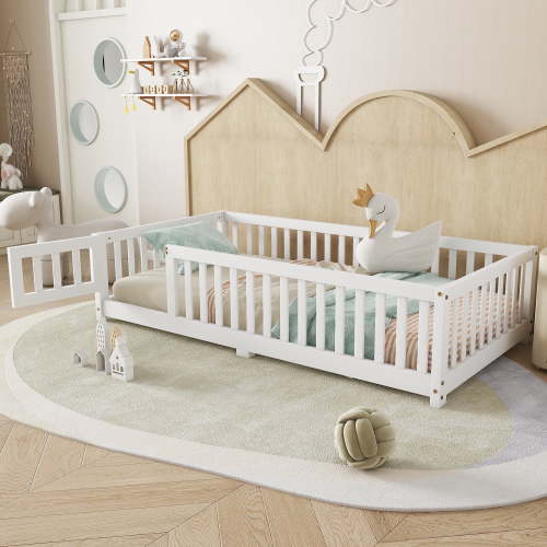 Bellemave Twin Size Floor Bed with Door and Fence Floor Bed with Bed Slats Sturdy Wood Floor Bed Montessori Bed Frame (Twin, White)
