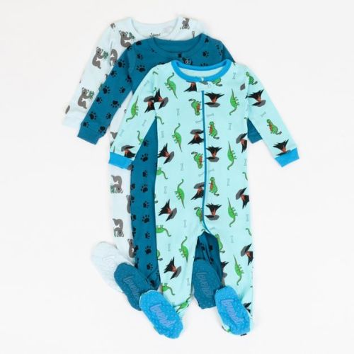 Leveret Boys Cotton Baby Footed Pajamas – 3 Pack – Blue Animal Friends Sleepers