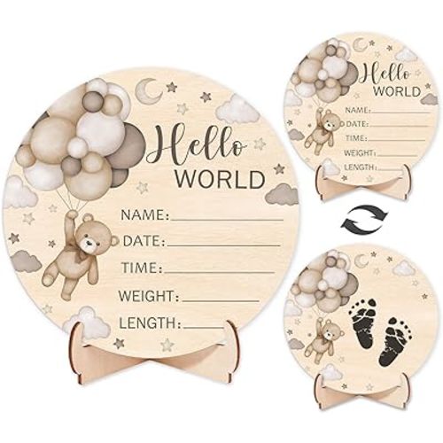 Andrain Double-Sided Wooden Newborn Birth Sign, Brown Bear Baby Announcement Sign, Bear Hello World Name for Hospital, Gift for New Mom Baby Shower, Photography Prop