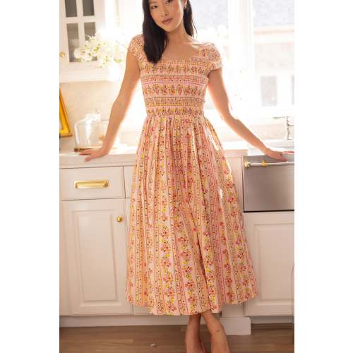 Marlow Cap Sleeve Dress in Peach Handpainted Flora Stripe